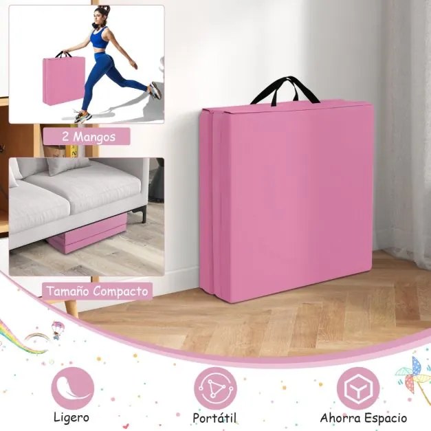 Colchão de ginástica com três dobras e alças de transporte e fechos de velcro 180 x 60 x 5 cm, rosa