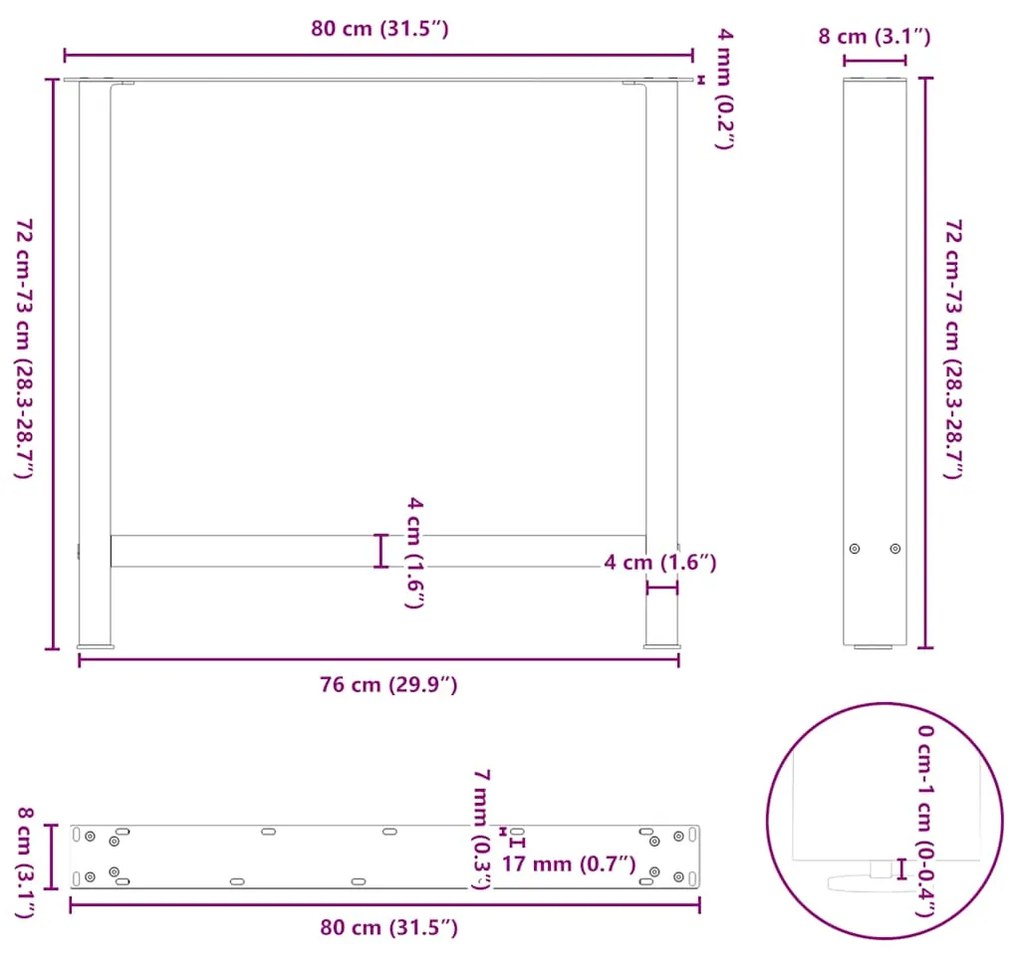 Pés para mesa de jantar em aço natural, 2 peças, 80x (72-73) cm, aço