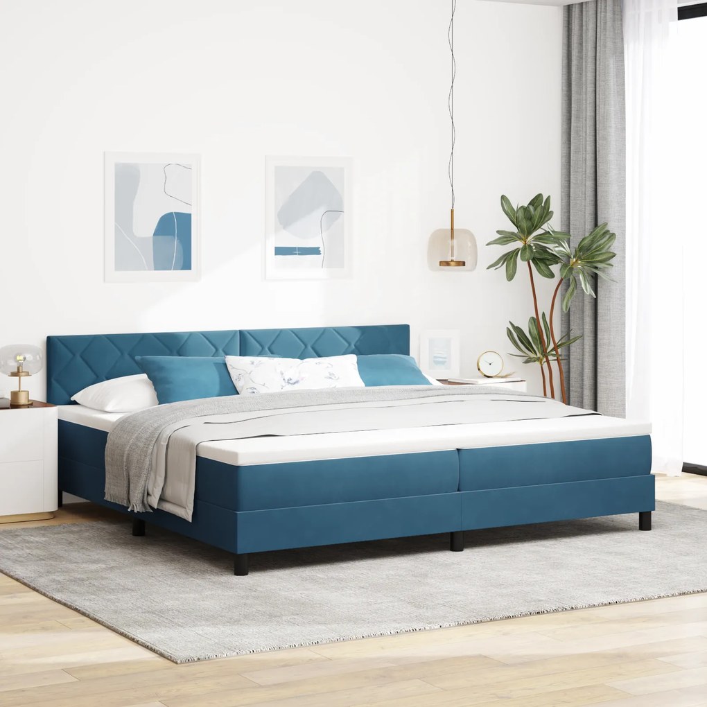 Cama Box Spring com Colchão Azul Escuro 200x200 cm Veludo