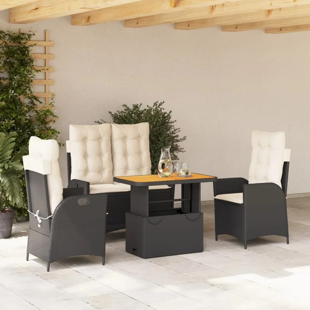 4 pcs conjunto de jardim p/ jardim c/ almofadões vime PE preto