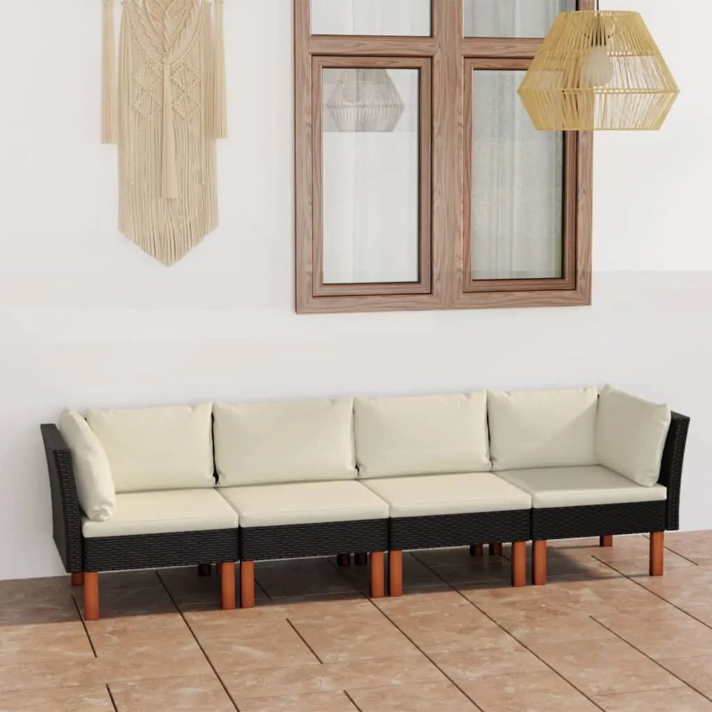 vidaXL Sofá de jardim 4 lugares com almofadões vime PE preto