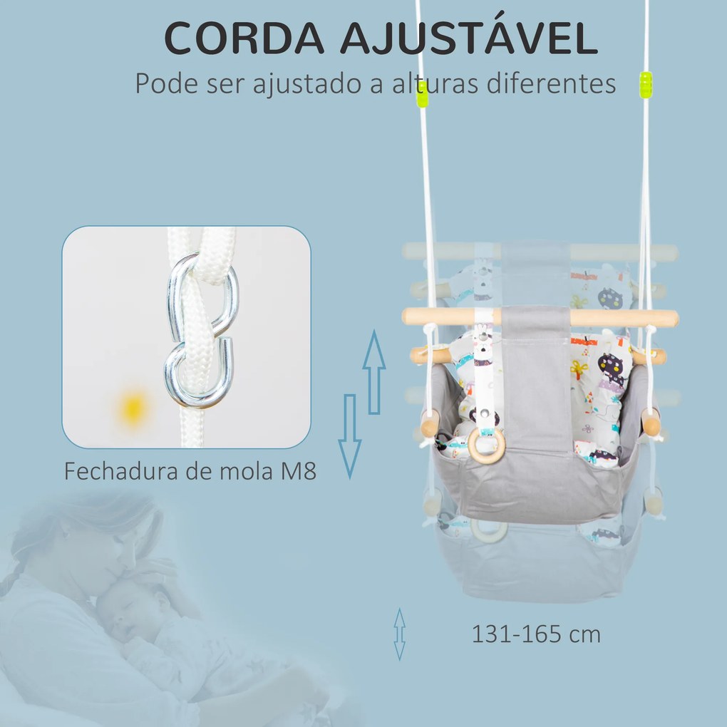 Baloiço para Bebé Baloiço de Madeira Infantil com Altura Ajustável Almofada Acolchoada e Cinto de Segurança para Interior e Exterior Carga Máxima 80kg
