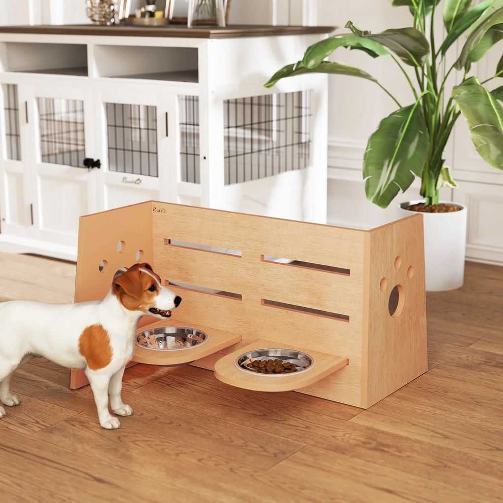 Comedouro elevado para cães com 3 alturas ajustáveis 63 x 58,5 x 40 cm, comedouro para cães com 2 tigelas em aço inoxidável, em cor carvalho