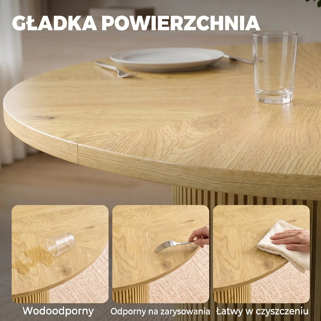 Mesa de Jantar Redonda Moderna 110x110x75 cm (CxLxA) para 4-6 Pessoas (CADEIRAS NÃO INCLUIDAS) com Base Cilíndrica Canelada Carvalho
