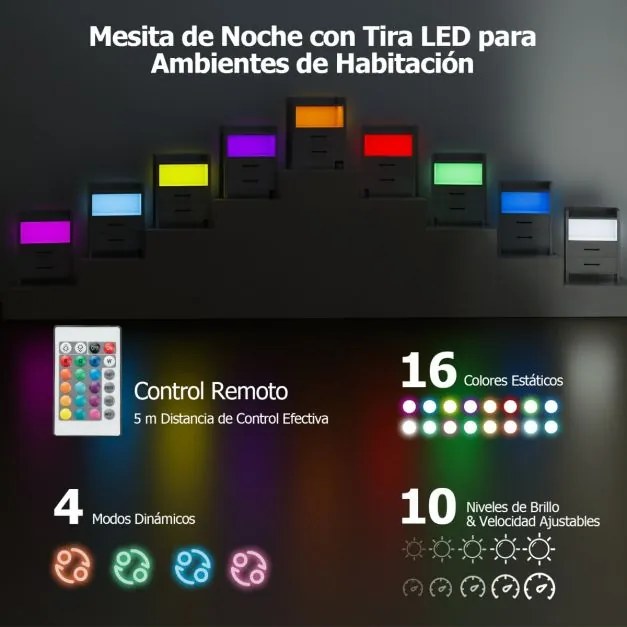 Mesa de cabeceira 45 x 35 x 60 cm com luzes LED e tomadas com 2 gavetas e prateleira aberta Branca