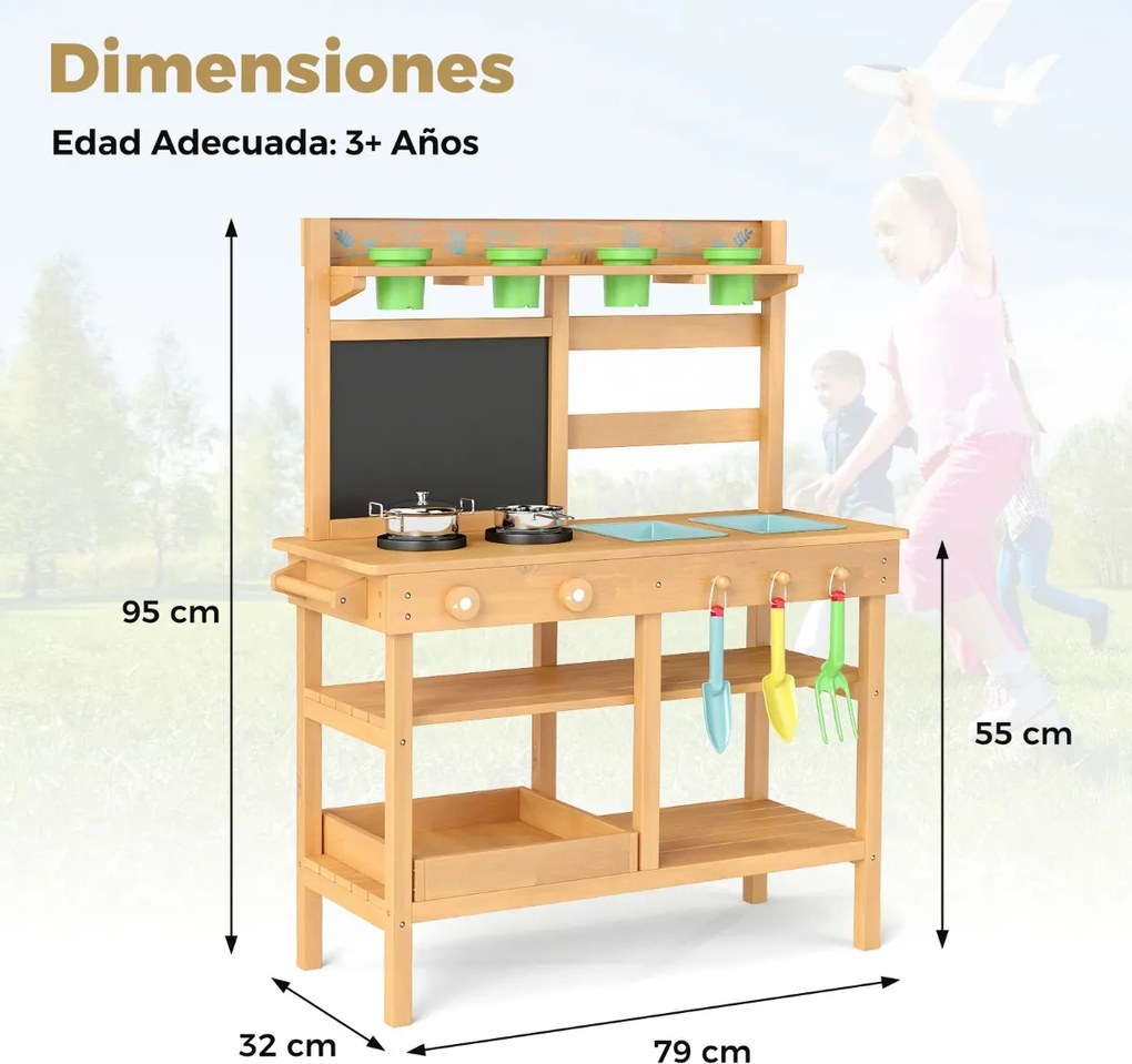 Cozinha de brincar para crianças de madeira 79 x 32 x 95 cm para exterior com torneira Pias removíveis Quadro negro Placas de cozedura natural