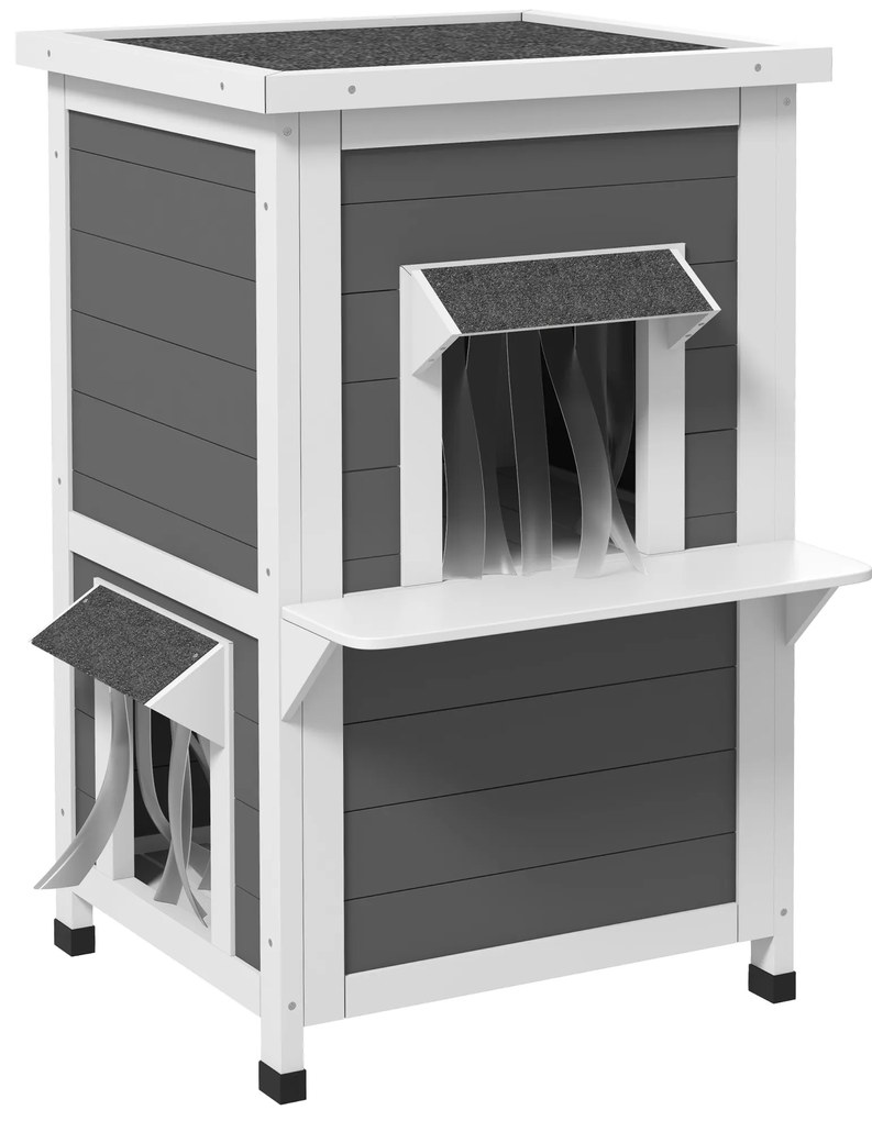 PawHut Casa para Gatos de Madeira 60x60x81,5 cm de 2 Níveis com Cortina e Portas com Beirais Impermeáveis Cinza e Branco
