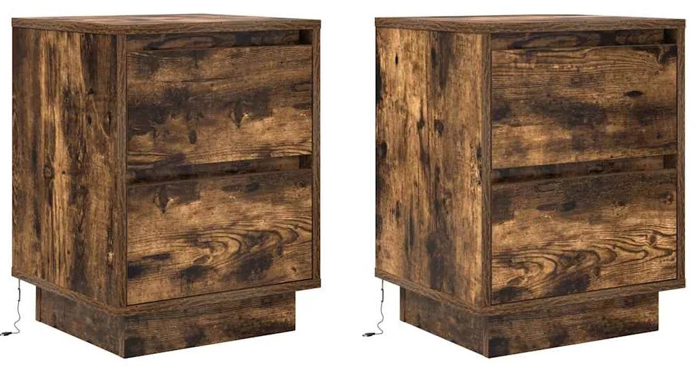 Mesas cabeceira c/ luzes LED 2 pcs 38x34x50 cm carvalho fumado