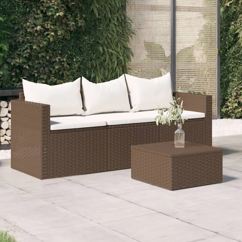 362326 vidaXL Sofá de jardim de 3 lugares com almofadões vime PE castanho