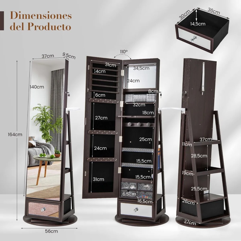 Armário para joias 56 cm x 164 cm giratório em 360° com espelho, luzes LED, fechadura e prateleira traseira em castanho escuro