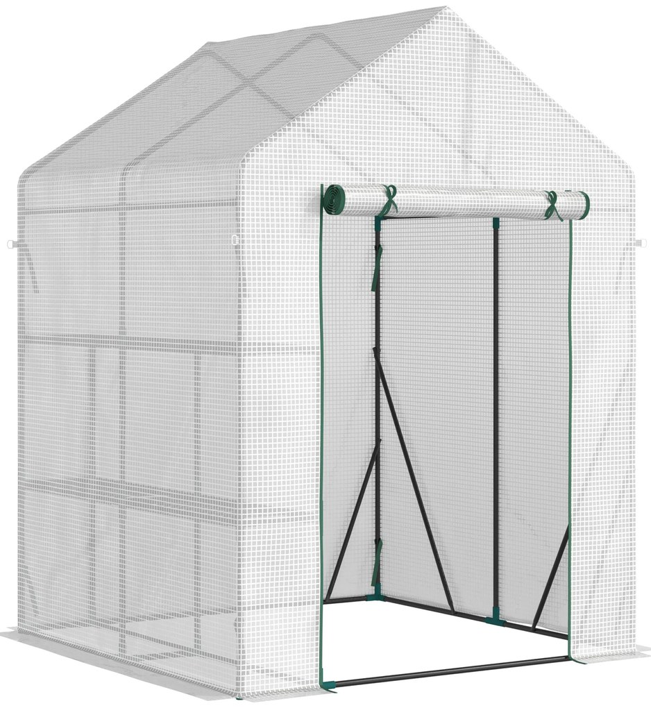 Outsunny Estufa de Jardim 143x143x195 cm Estufa de Aço com 2 Prateleiras e Porta Enrolável para Cultivos de Plantas Vasos de Flores Pátio Exterior Branco