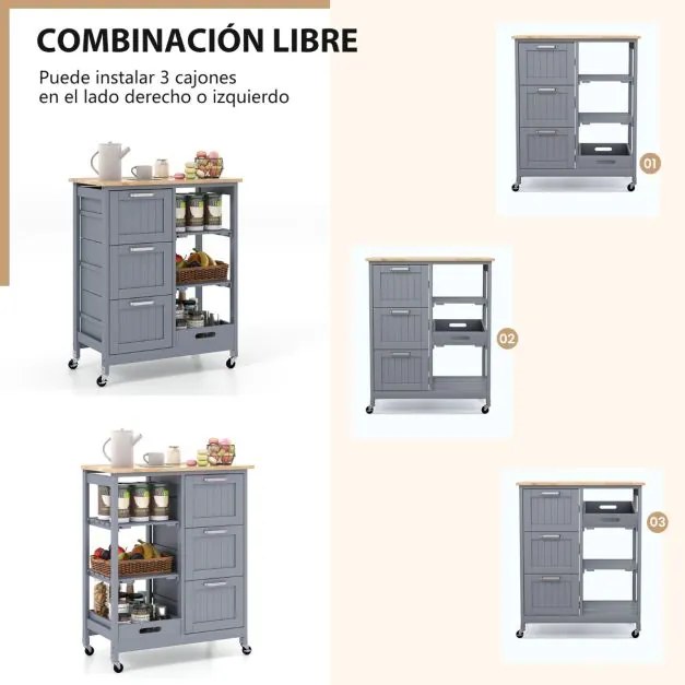 Carrinho de cozinha com tampo de madeira, 3 gavetas de armazenamento, 2 prateleiras removíveis e bandeja 67 x 37 x 83,5 cm Cinzento