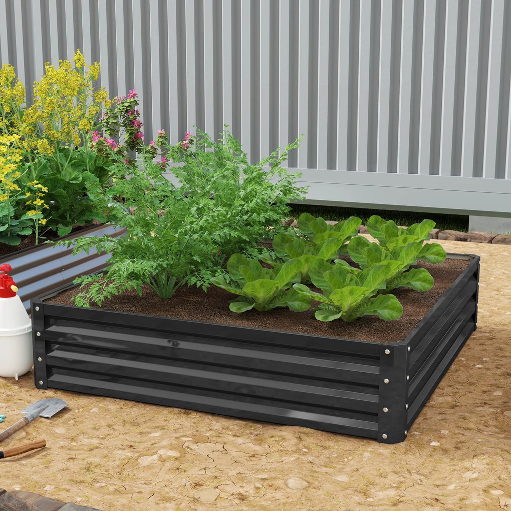 Floreira de horta quadrada em aço galvanizado, 120 x 120 x 30 cm, cinzento