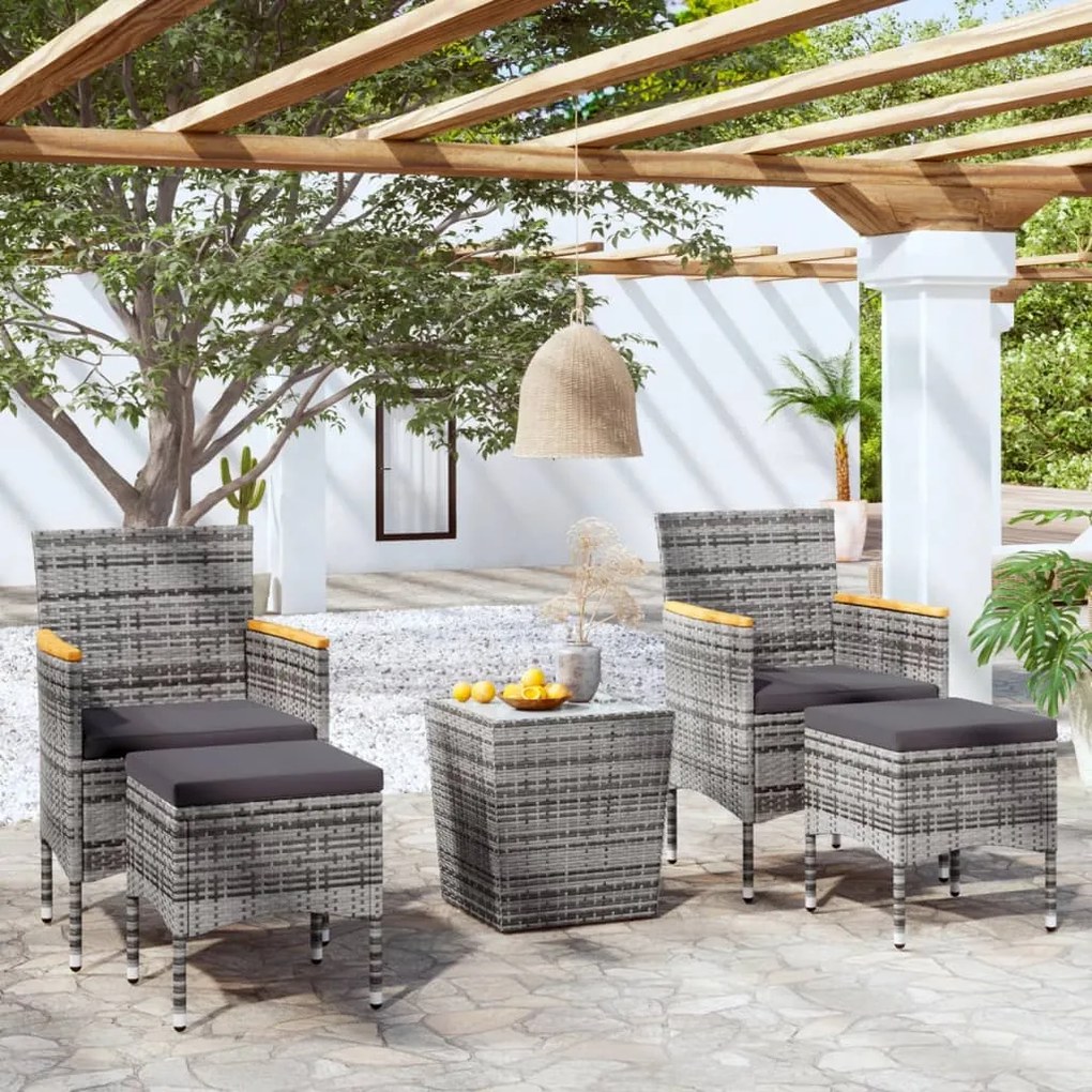 vidaXL 5 pcs conj. bistrô de jardim vime PE e vidro temperado cinzento