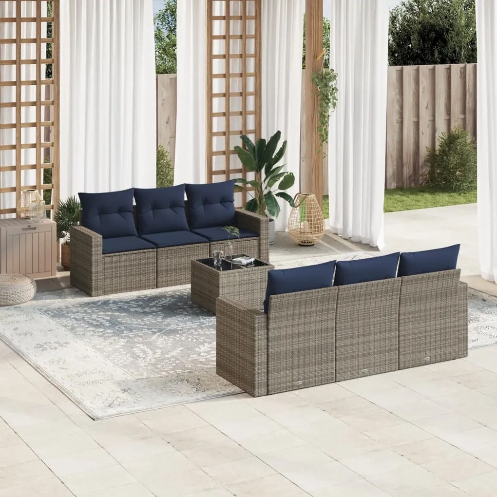 vidaXL 7 pcs conjunto sofás p/ jardim c/ almofadões vime PE cinzento