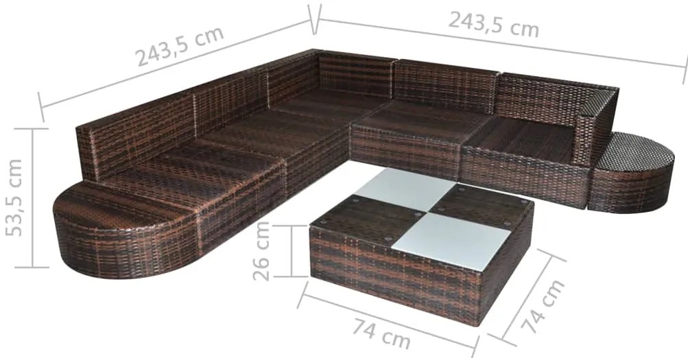 8 pcs conjunto lounge jardim c/ almofadões vime PE castanho