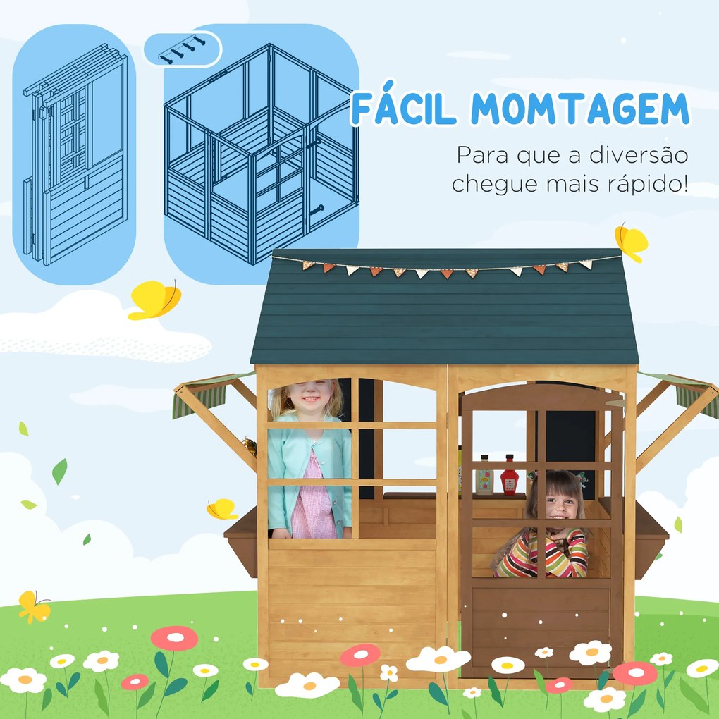 Casinha de Jogos Infantil de Madeira com Janelas Lousas Telhado e Toldo 173x117x144 cm Madeira Natural