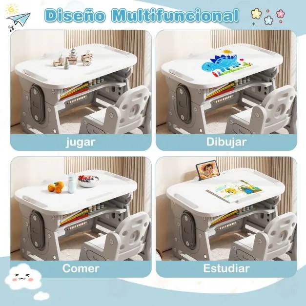 Conjunto de mesa e cadeira para crianças com quadro negro inclinado, suporte para livros e prateleira côncava para maiores de 3 anos, cinza