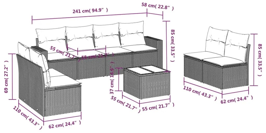 9 pcs conjunto de sofás p/ jardim com almofadões vime PE bege