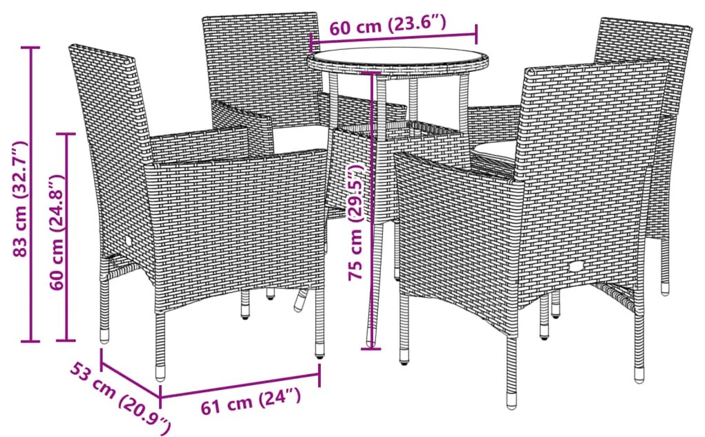 5 pcs conjunto jantar jardim c/ almofadões vime PE/vidro cinza