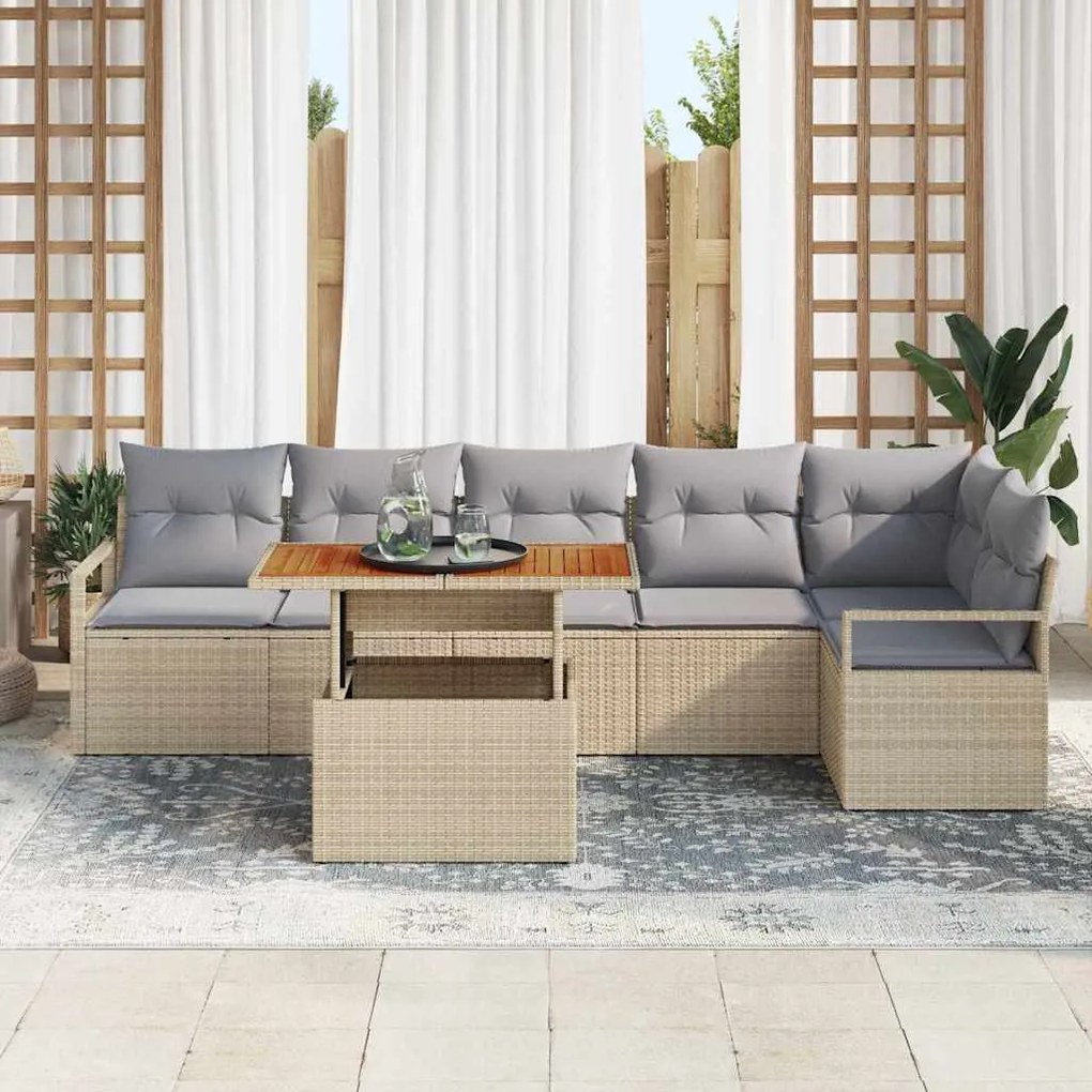 Conjunto de sofá de jardim com 7 peças e almofadas bege, feito de ratt