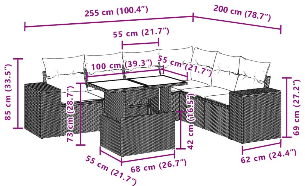 7 pcs conjunto sofás p/ jardim c/ almofadões vime PE cinzento