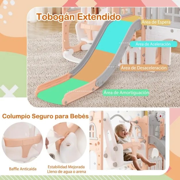 Conjunto de baloiço e escorrega 10 em 1 para crianças com cesto de basquetebol telescópico e corredor infantil Cinza + Rosa