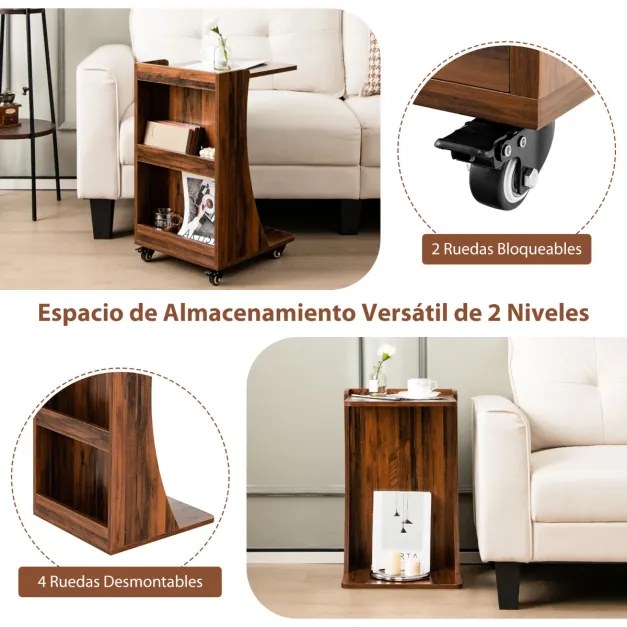 Mesa lateral móvel em forma de C com prateleira aberta 2 níveis para sala de estar quarto 42,5 x 38 x 67 cm Castanho