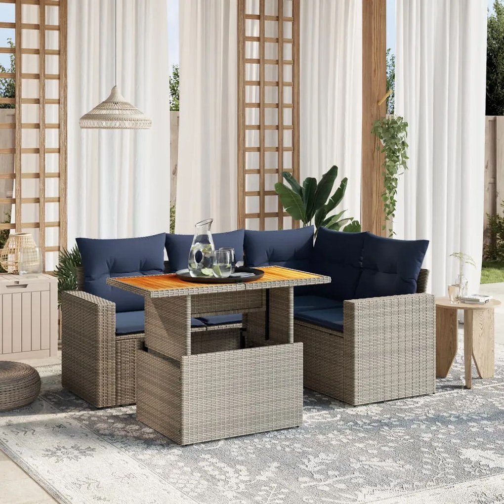 vidaXL 5 pcs conjunto sofás p/ jardim c/ almofadões vime PE cinzento