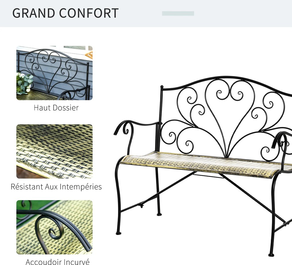 Banco de jardim de 2 lugares 100 x 50 x 88 cm, estilo neo-retro, em ferro forjado, com linhas afiladas, em metal preto dourado, com efeito envelhecido