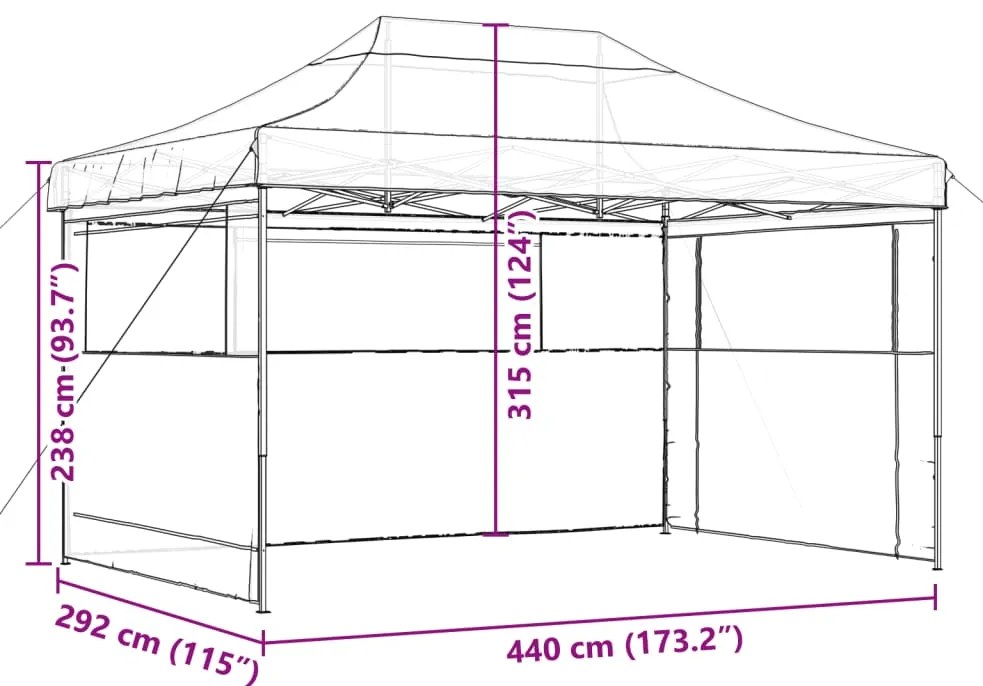 Tenda p/ festas pop-up dobrável com 3 paredes laterais preto