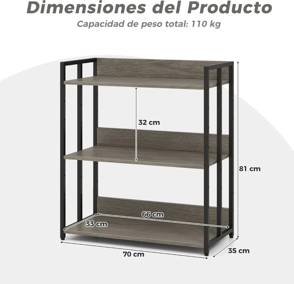 Estante de 3 prateleiras ajustáveis e estrutura metálica para cozinha, sala 70 x 35 x 81 cm Cinzenta