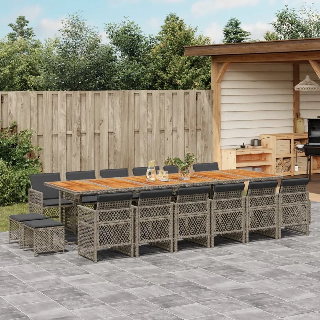 vidaXL 17 pcs conj. de jantar p/ jardim c/ almofadões vime PE cinzento