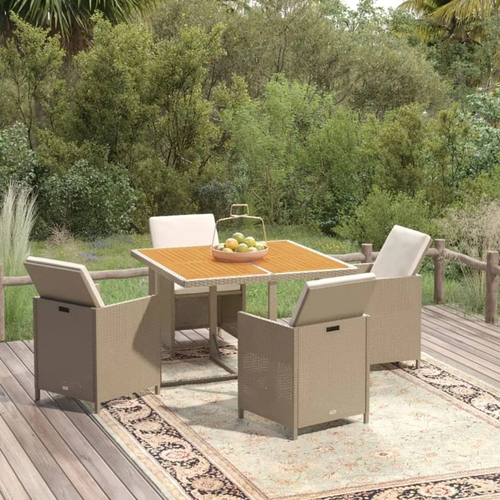 vidaXL 5 pcs conjunto jantar p/ jardim c/ almofadões vime PE bege