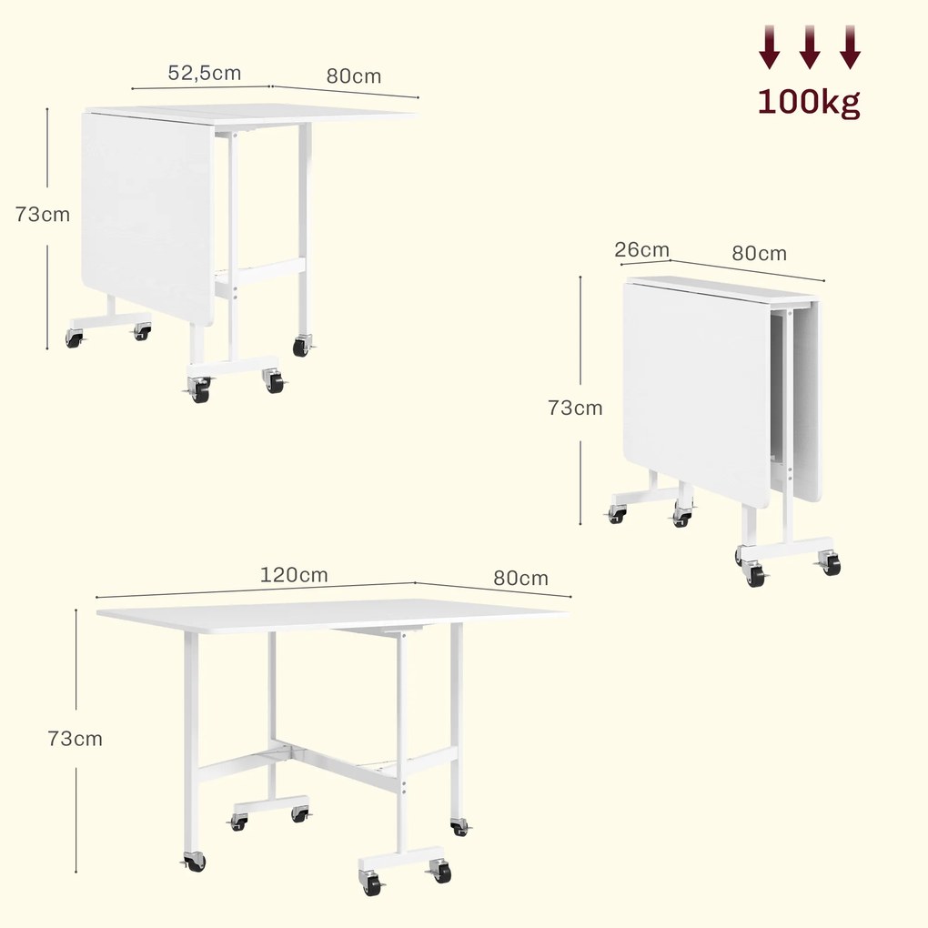 Mesa Dobrável de Cozinha para 4-6 Pessoas Mesa de Sala de Jantar Dobrável com Rodas e Laterais Dobráveis 120x80x73 cm Branco