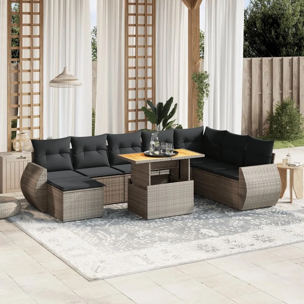 9 pcs conjunto sofás p/ jardim com almofadões vime PE cinzento