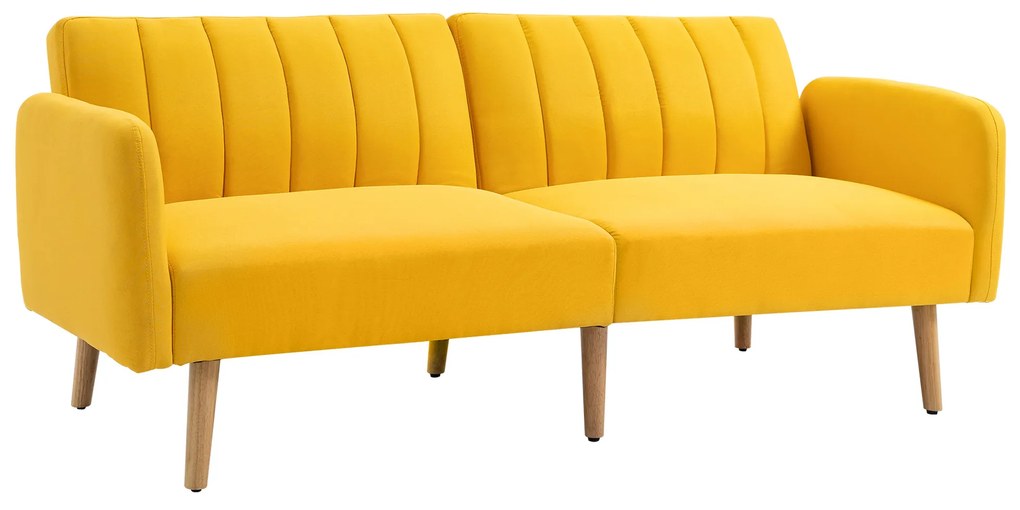 HOMCOM Sofá Cama de 2 Lugares com Encosto Ajustável em 3 Posições Apoio para os Braços Desmontável e Pés de Madeira Sofá Duplo Moderno para Sala de Estar Escritório 173x75x73cm Amarelo