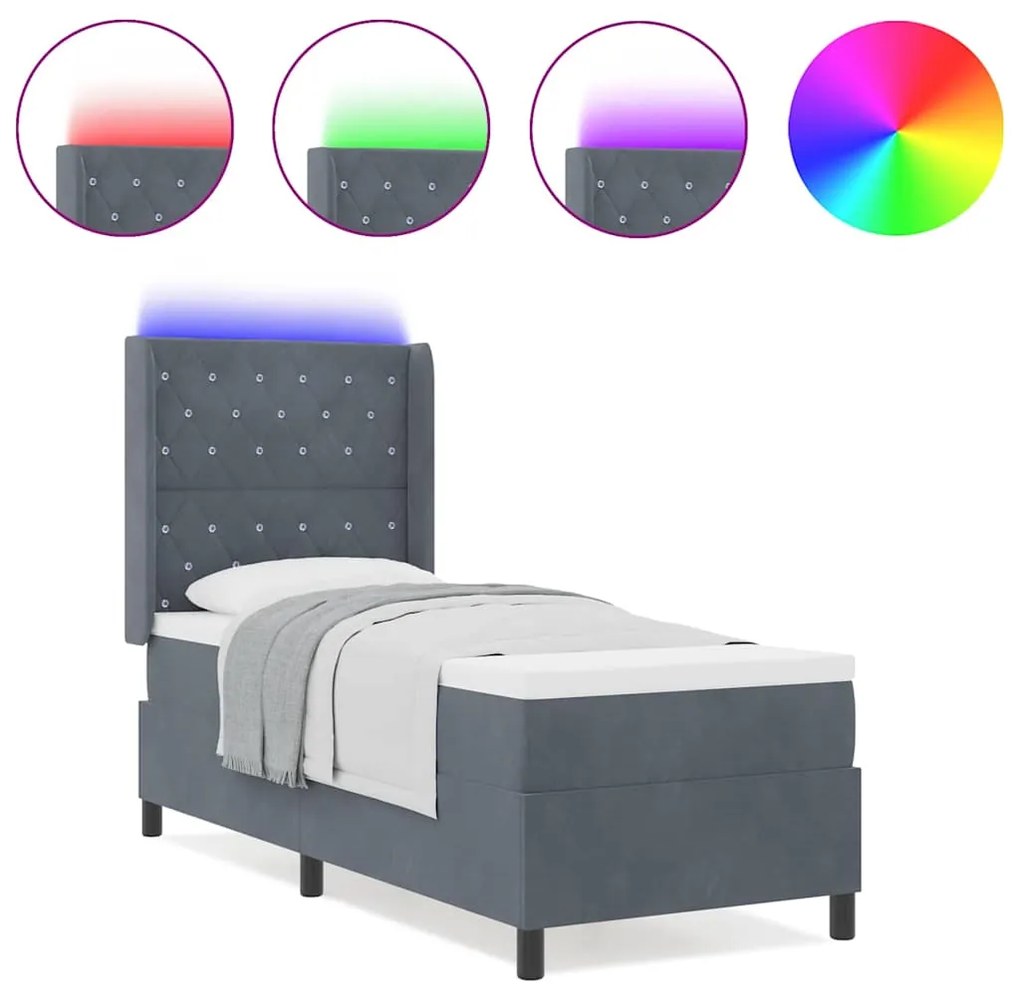 Cama Box com Colchão &amp; LED Cinza Escuro 80x200 cm Veludo