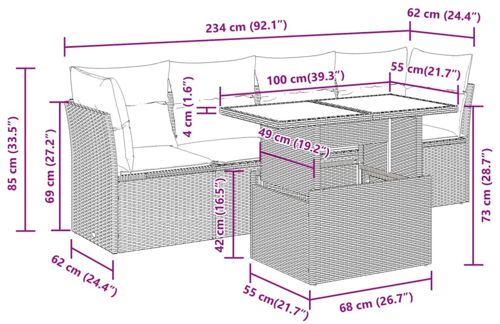 5 pcs conjunto de sofás p/ jardim com almofadões vime PE bege