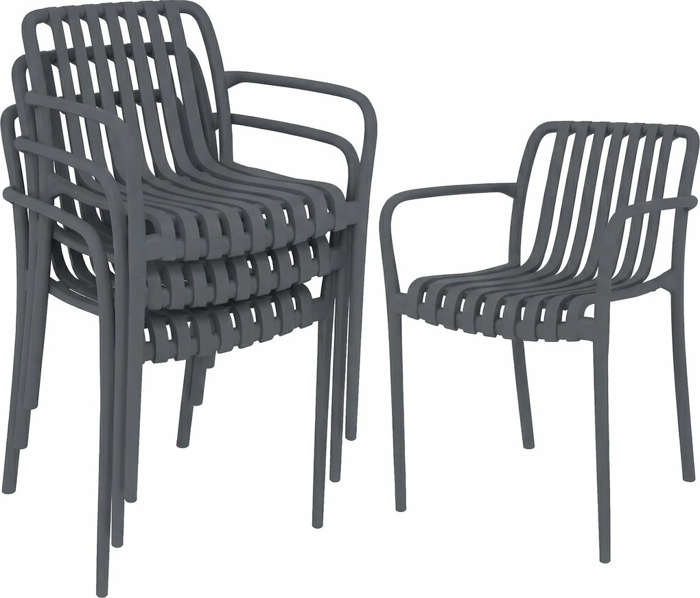 Outsunny Cadeiras de Jardim Conjunto 4 Unidades Cadeiras Empilháveis para Terraço com Design de Lâminas e Apoios de Braço, Ergonómicas Cinzento Escuro | Aosom Portugal