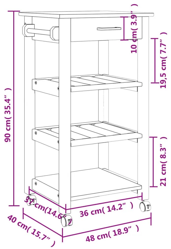 Carrinho de cozinha MONZA 48x40x90 cm madeira de pinho maciça