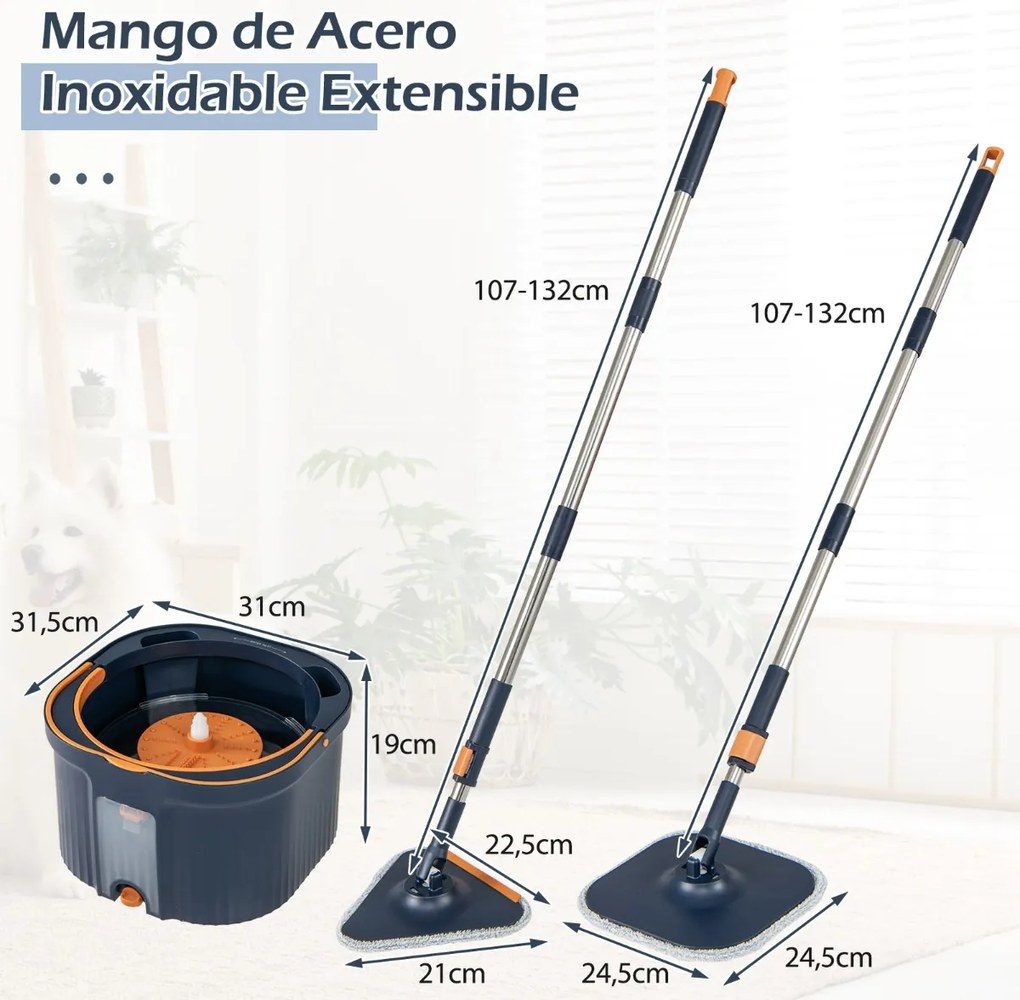 Conjunto de esfregona giratória com balde Sistema de separação de água limpa e suja Cabeças quadradas e triangulares Autoescorredoras Azul marinho