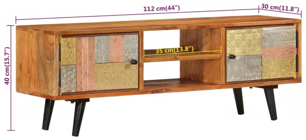 Móvel de TV com portas 112x30x40 cm acácia maciça e metal