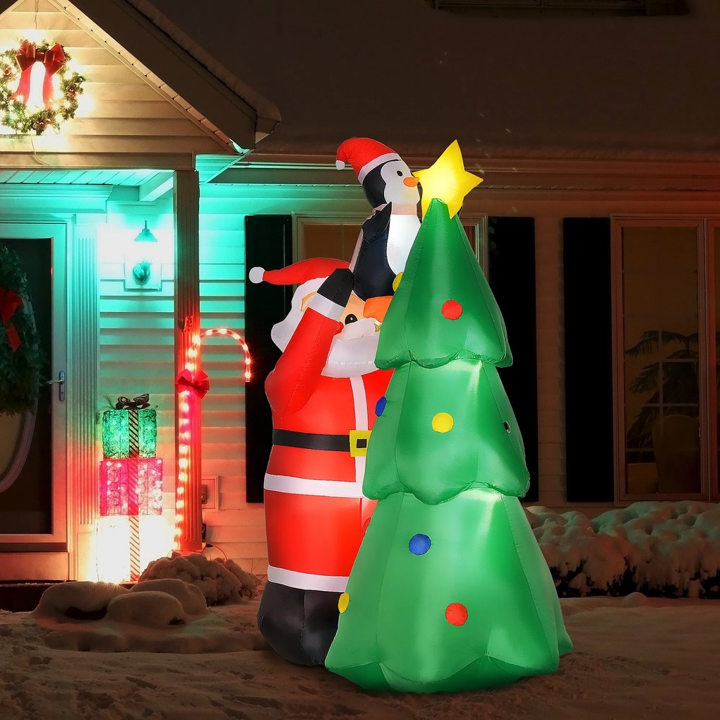 Árvore de Natal Inflável 184cm com Luzes LED Decoração de Natal Inflável com Pai natal e Pinguim para Festas Interiores e Exteriores 123x80x184cm Multicor