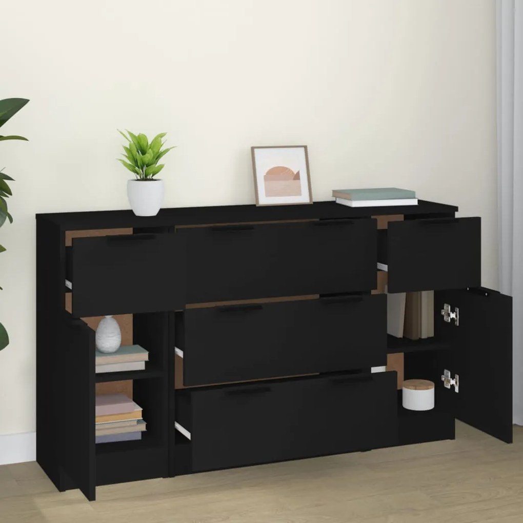 3 pcs conjunto de aparadores madeira processada preto