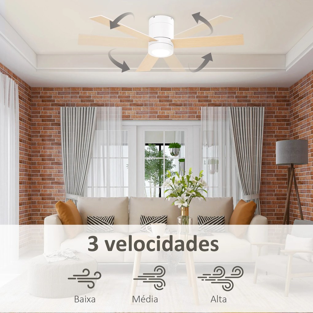 Ventoinha de Teto 48W com Luz LED Controle Remoto 3 Velocidades Temporizador 3 Lâminas de Madeira Ø112x25cm Branco