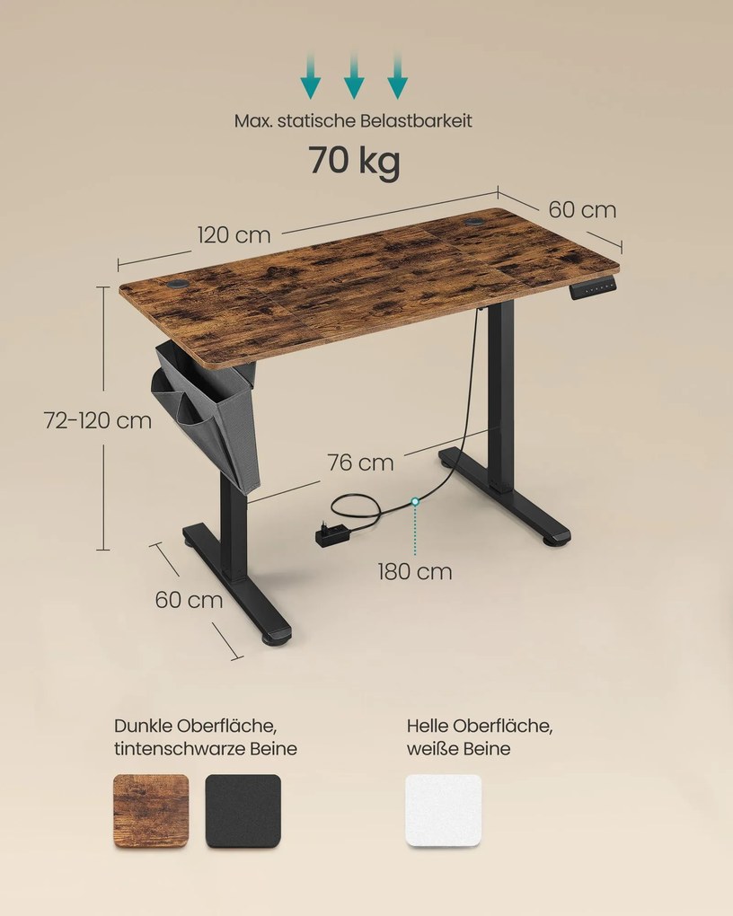 Secretária elétrica com altura ajustável 60 x 120 x (72-120) cm Castanho vintage-Preto