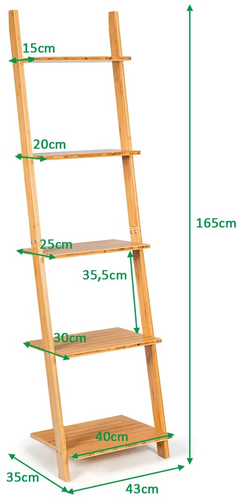 Estante forma de escada de bambu de 5 níveis para sala de estar/cozinha/escritório 43 x 35 x 165 cm Natural