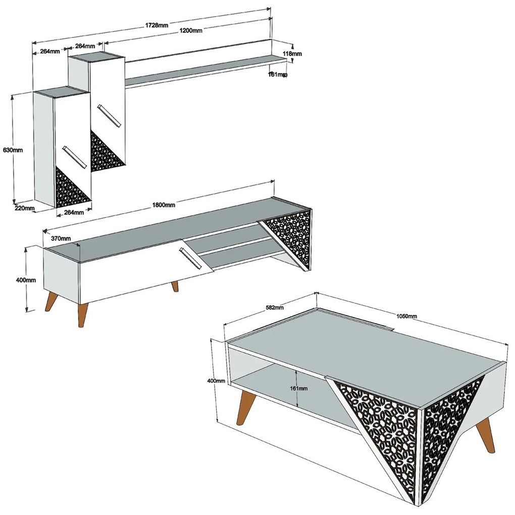 Conjunto de Mobiliário de Sala de Estar Beril – Carvalho – Variadas Me