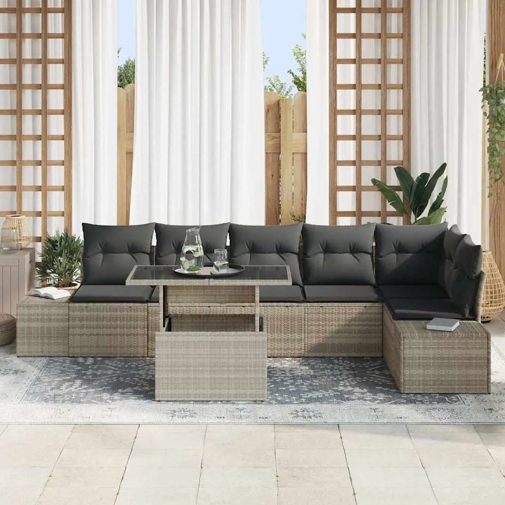 Conjunto de Sofá de Jardim com 7 Peças e Almofadas Cinza Claro em Ratt